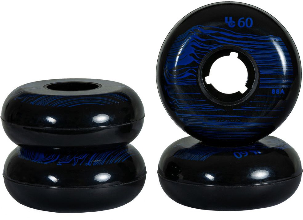 four black and blue underCover aggressive wheel for inline skating Cosmic Pulse 60mm diameter 88A durometer